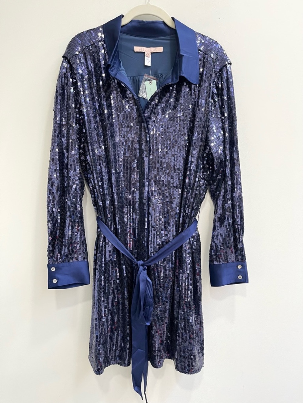 Hutch Womens Claudette Long Sleeve Mini Shirt Dress Navy Blue Satin Sequins 2X